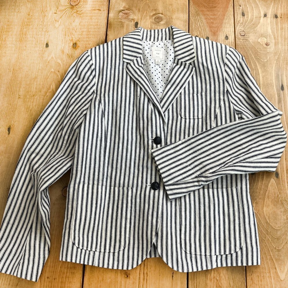 GAP Navy and White Ticking Blazer‎ Jacket  Linen Cotton 4